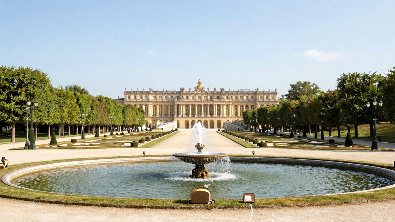 De weelderige tuinen van Versailles met fonteinen en paleis.