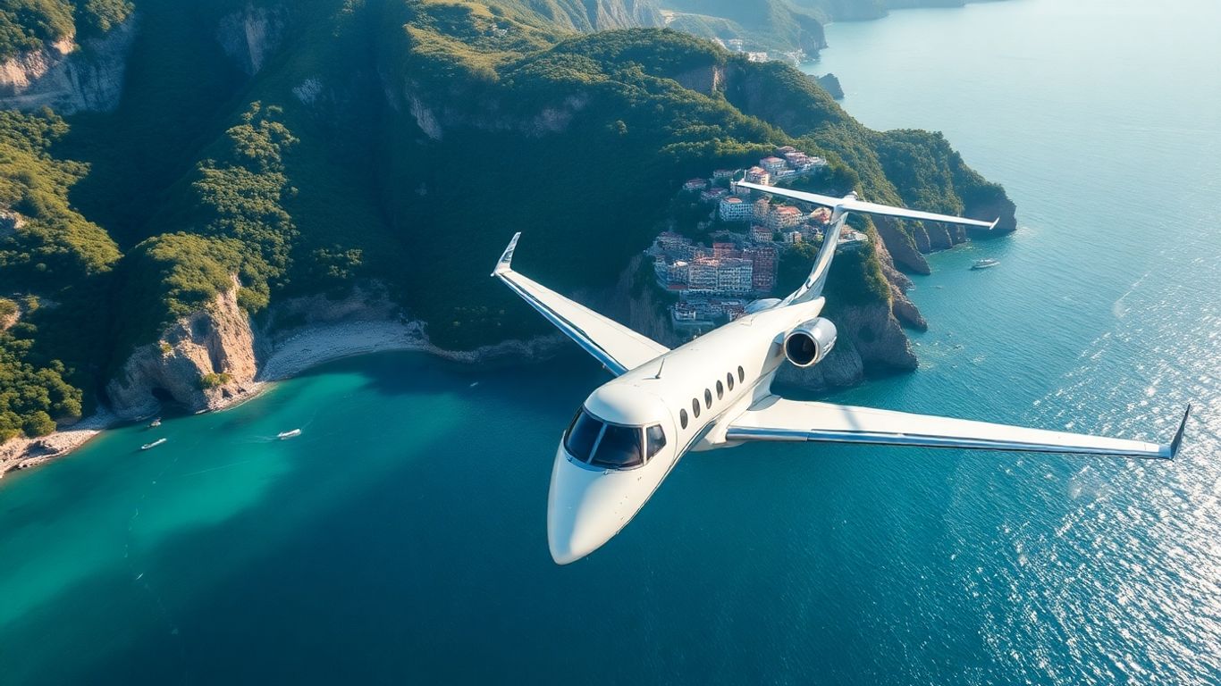 Private jet flying over Amalfi Coast.