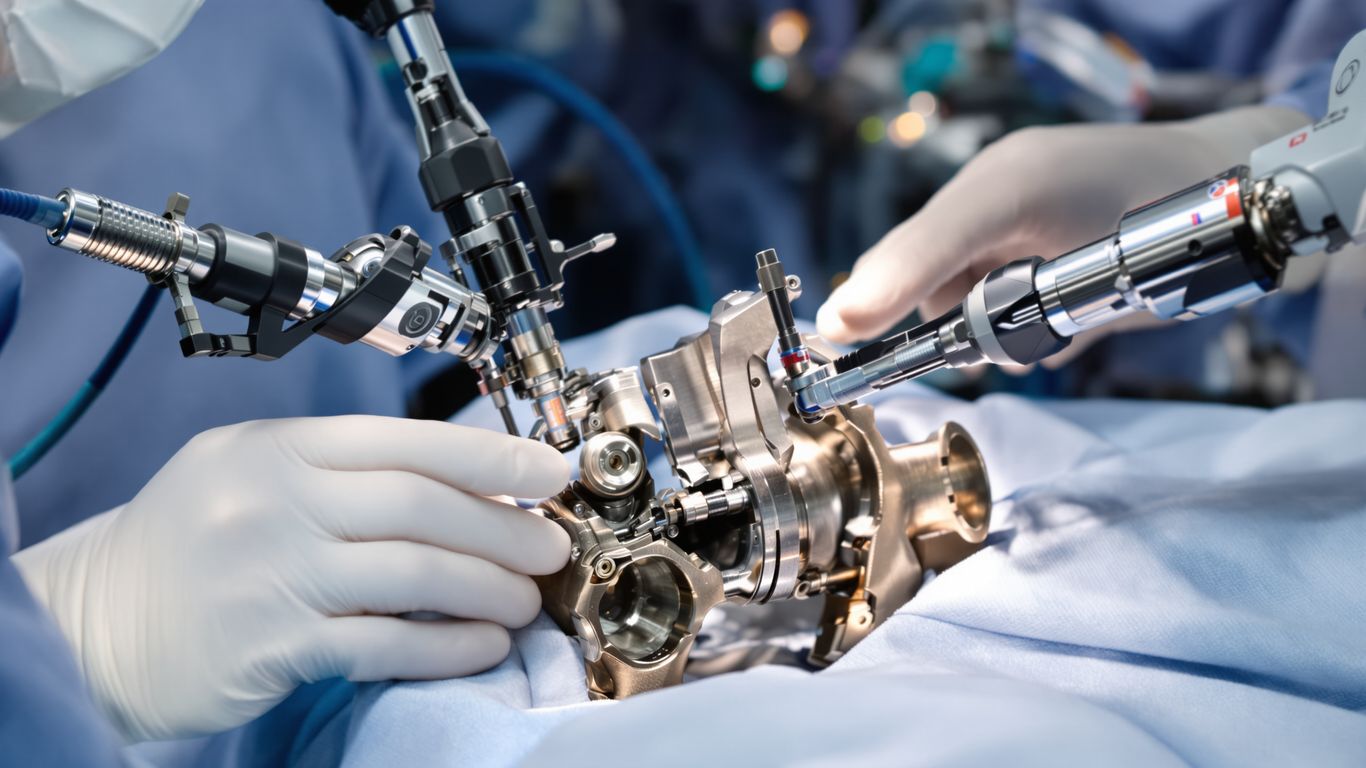 Manos cirujano con robot en cirugía de cadera.