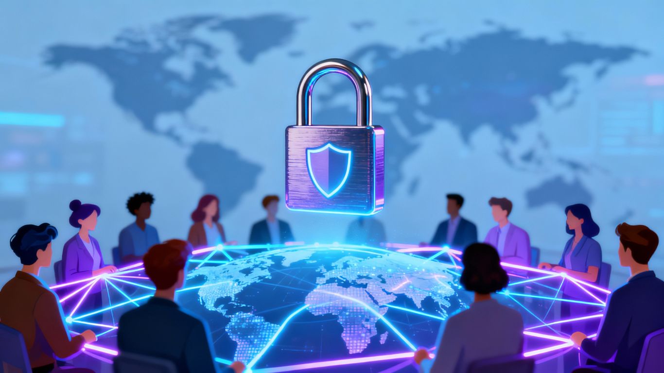 Global network security with digital padlock and shield.
