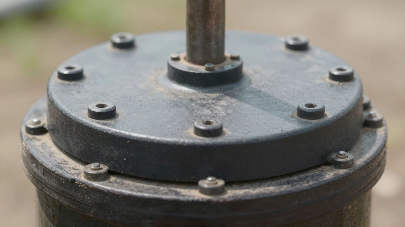 Close-up of a residential well seal on a well casing.