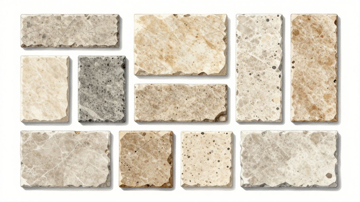 Collection of diverse travertine tiles in an illustrative sketch.