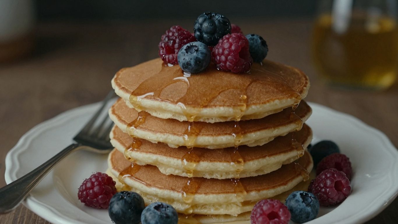 Stack of healthy breakfast pancakes with berries and syrup.
