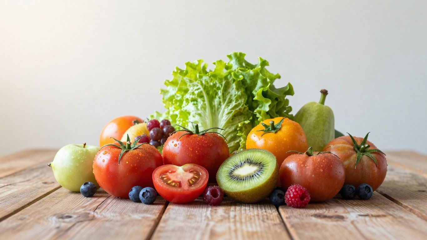 Colorful fresh produce arranged on a wooden surface.