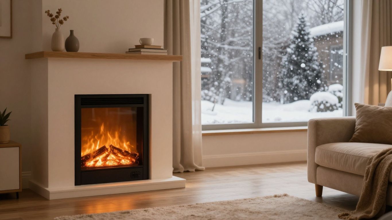 Cozy living room with electric fireplace and snow outside.