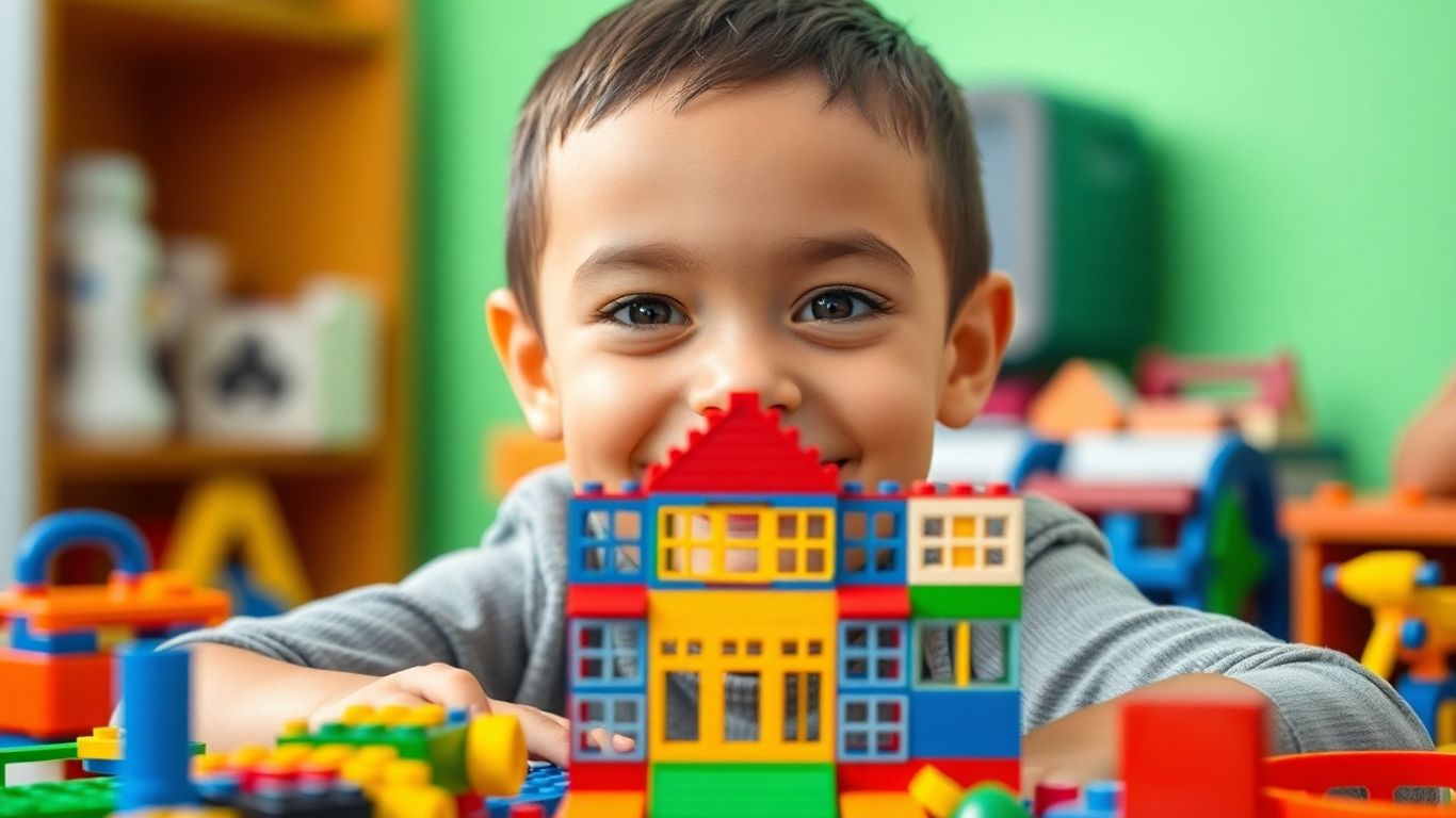 Boy proudly shows off his building toy creation.