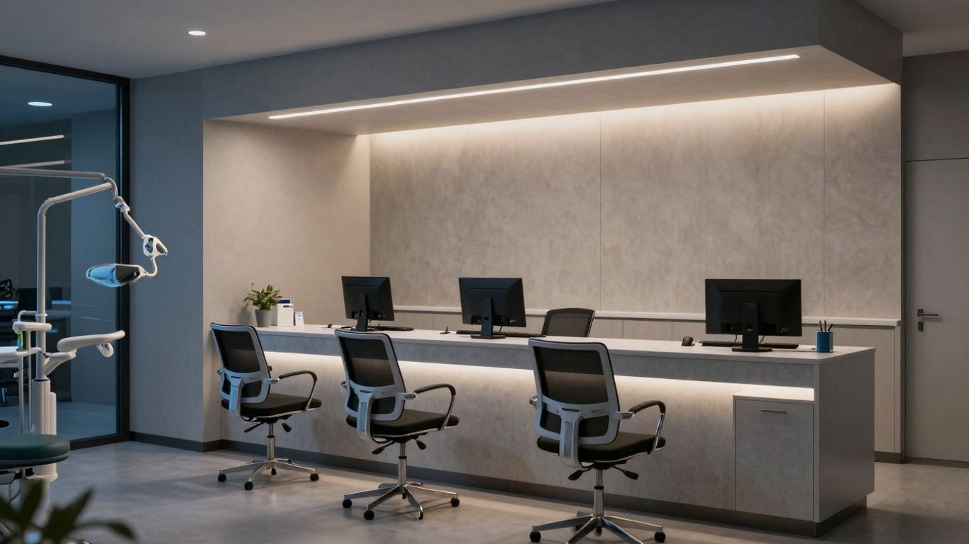 Dental clinic reception at night with glowing computer screen.