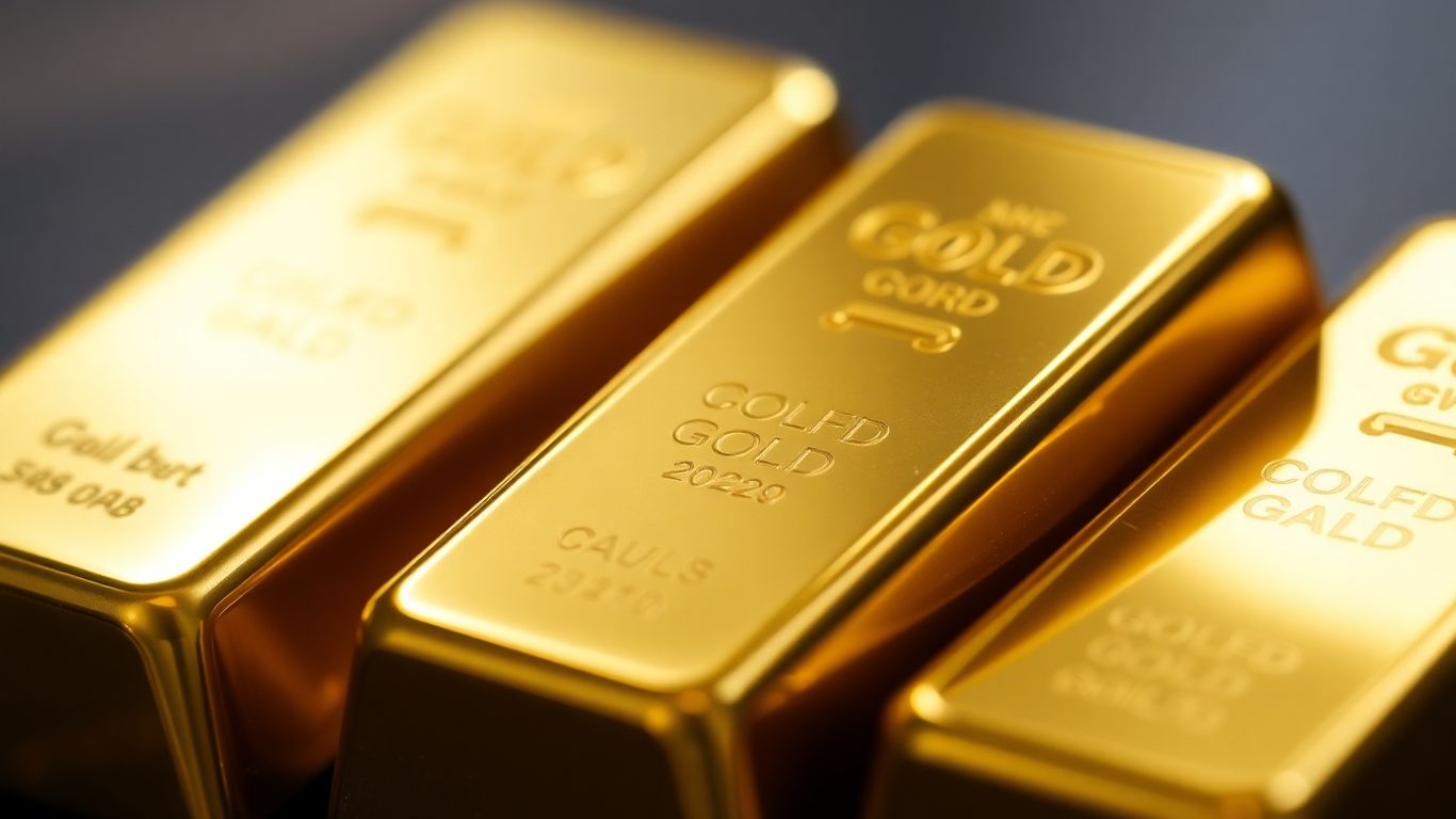 Lingotti d'oro luccicanti su sfondo scuro.