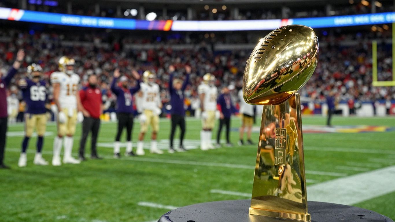 Super Bowl trophy on a football field with cheering crowd.