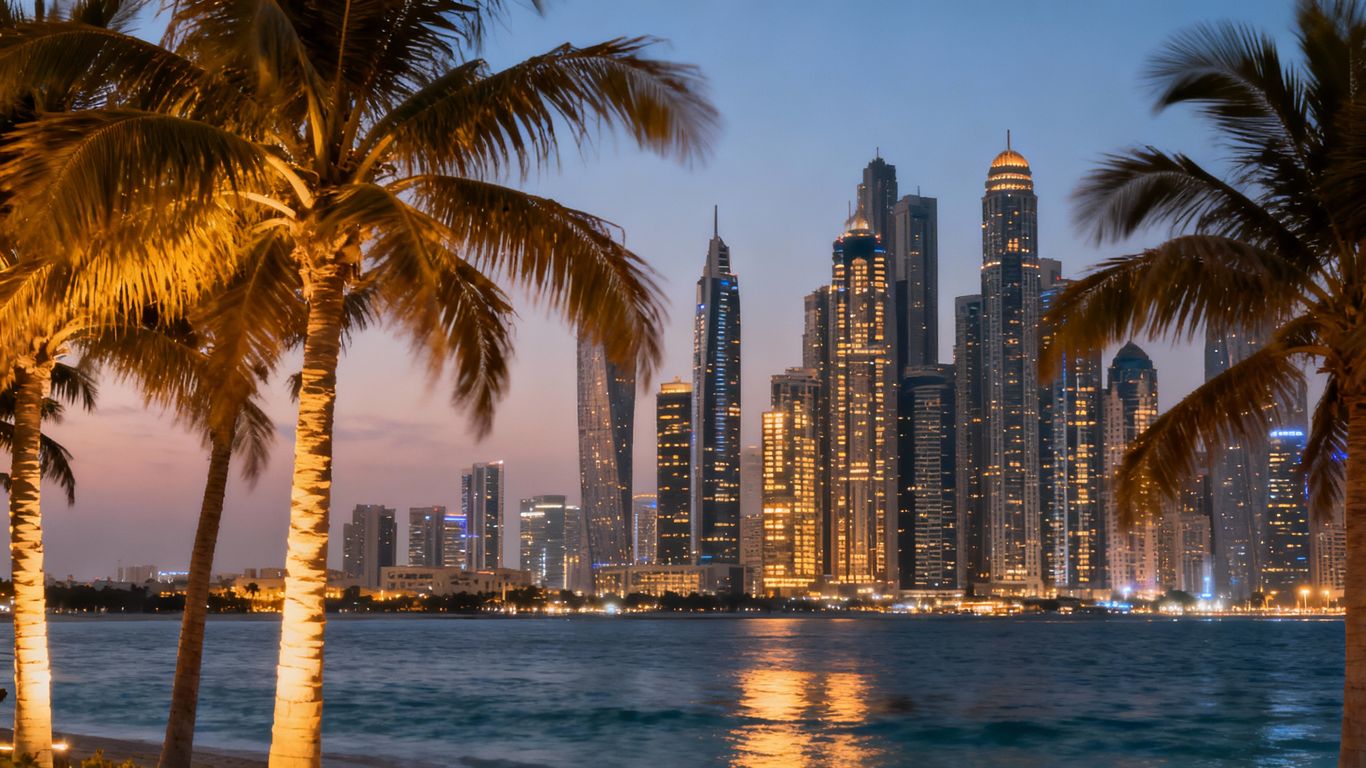 San Diego skyline at dusk with palm trees and ocean.