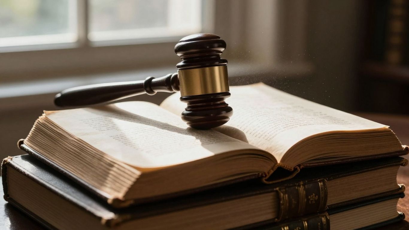 Gavel on old legal books with sunlight.