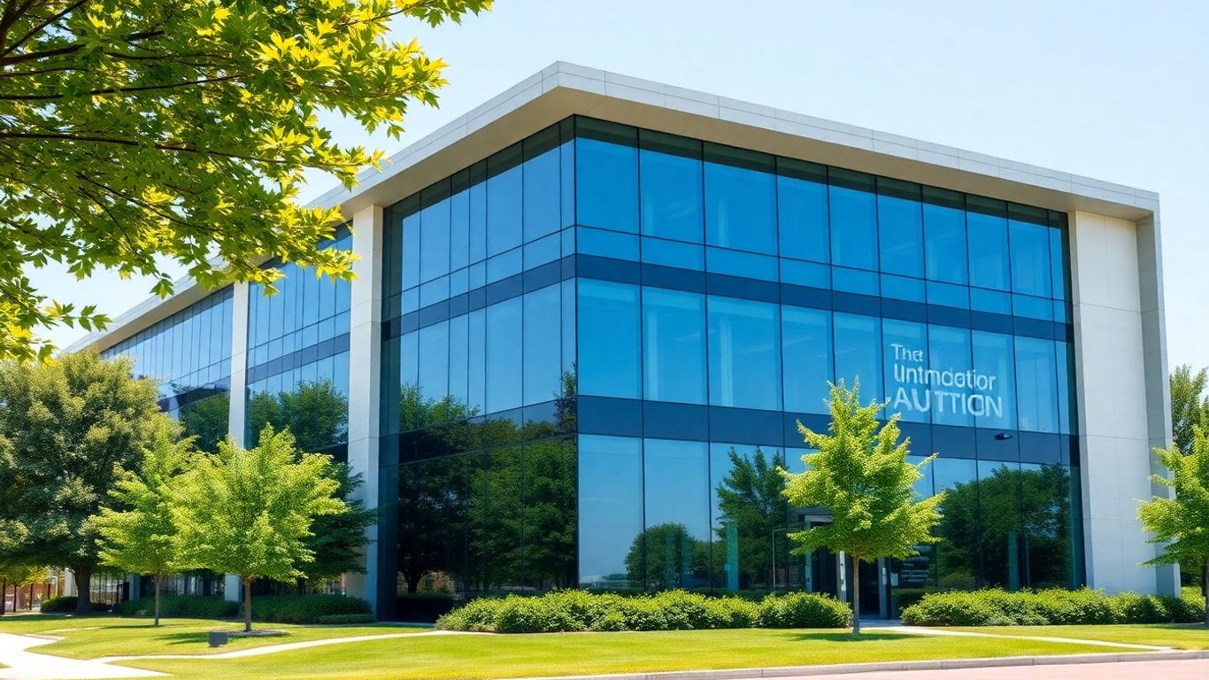 Modern SAS company building exterior with trees and sky.