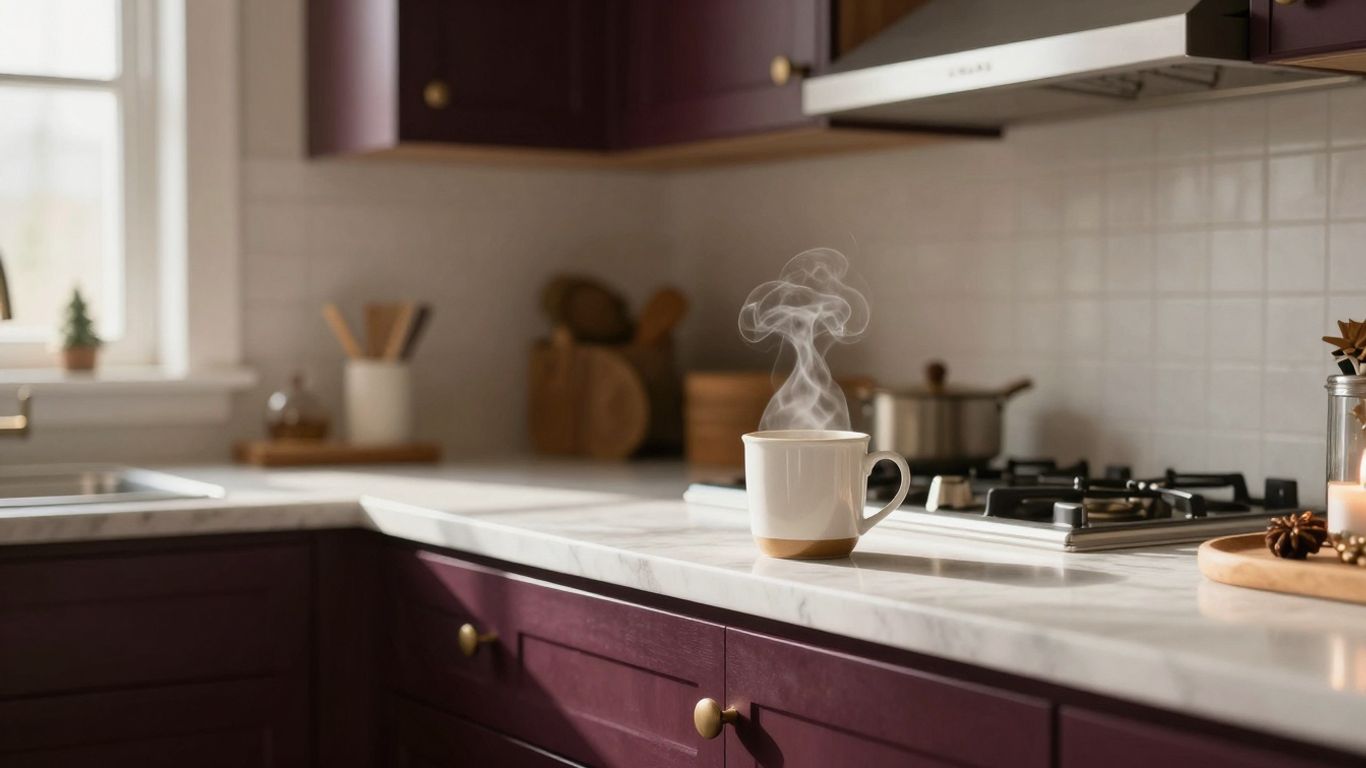 Cozy winter kitchen with deep jewel tones and warm lighting.