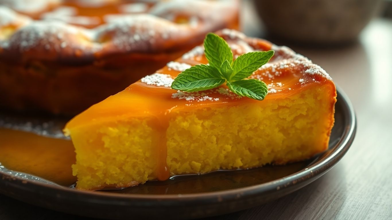 Slice of Greek orange pie with syrup and mint.