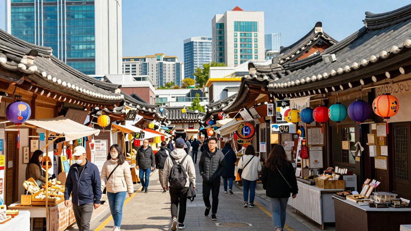 Bustling Seoul street with traditional and modern architecture.