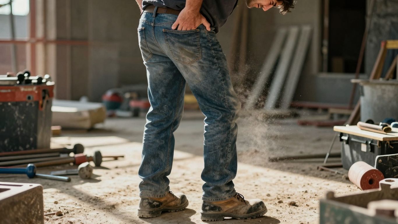 Tradie holding his back in pain at a construction site.