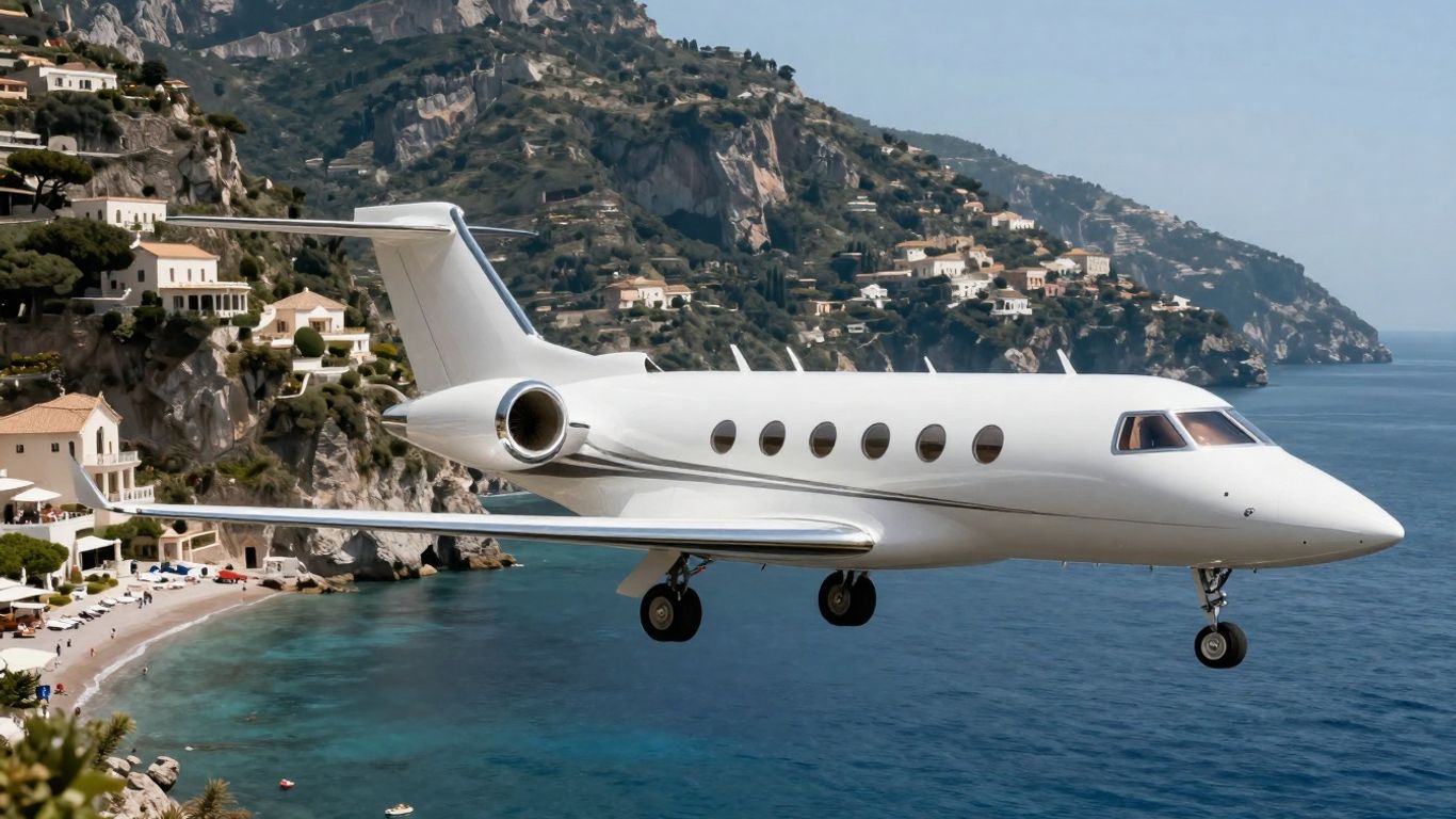 Private jet flying over Mediterranean towards European villa.