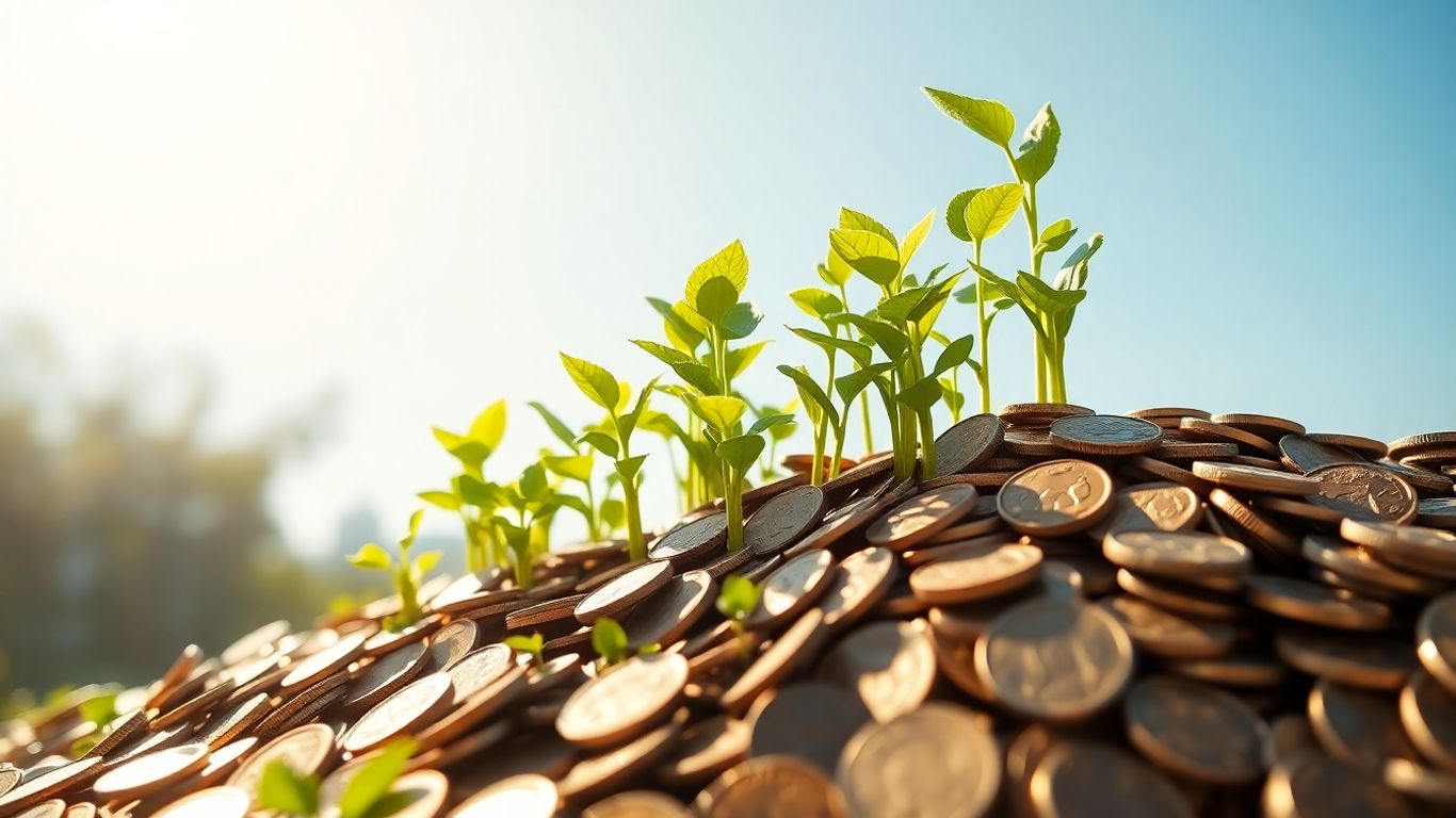 Financial growth with plants and coins under sunlight.