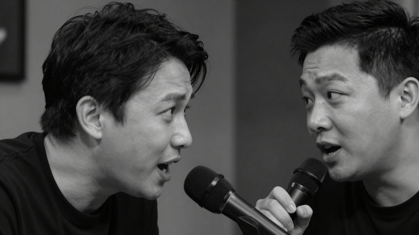 Podcast hosts engaging in a lively interview discussion.