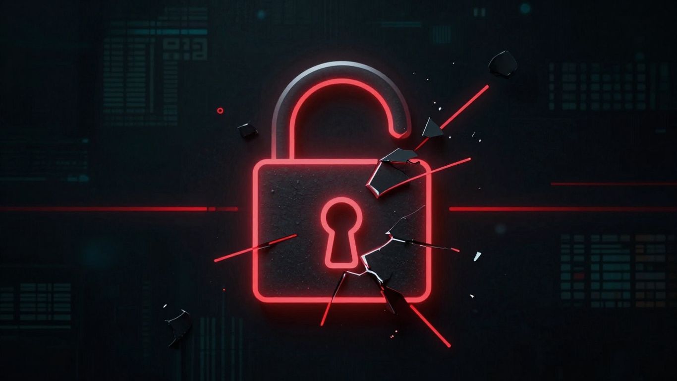 Cracked digital lock with data streams, indicating a security breach.