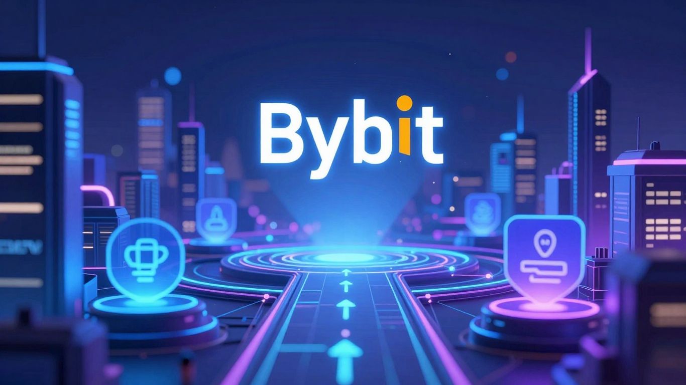 Futuristic Bybit DEX trading landscape with glowing pathways.