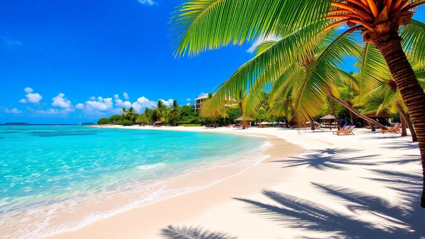 Turquoise waters and white sand beach in Antigua, Barbuda.