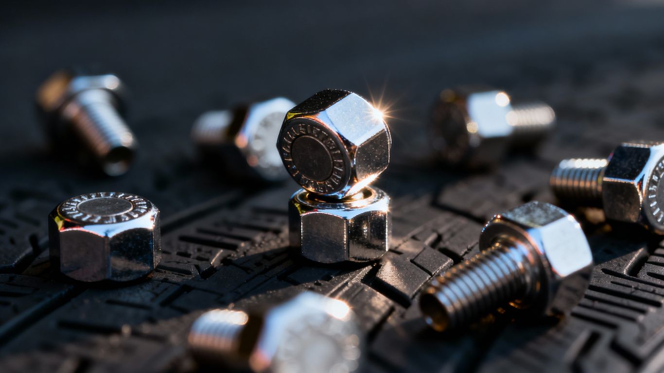 Close-up of shiny tire valve caps on a dark surface.