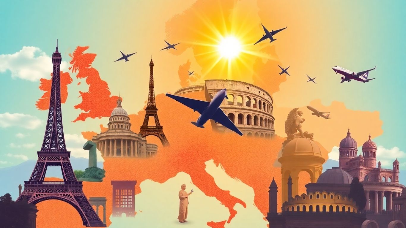 Cheap flights from London to Europe travel collage.