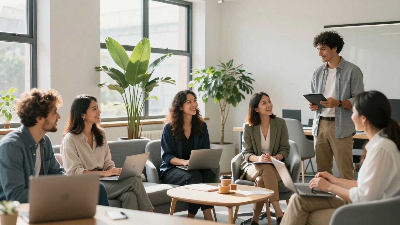 Australian professionals in a modern, bright office.