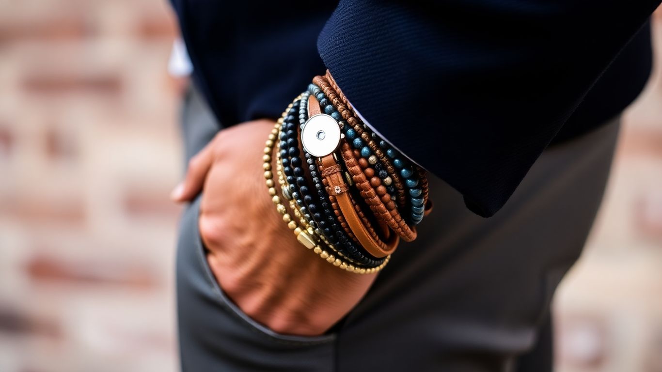 Man's wrist with various stylish bracelets