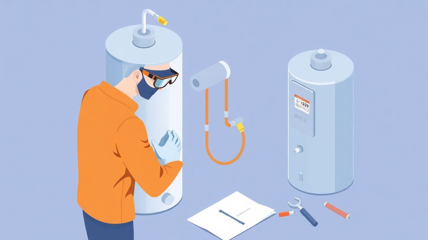 Person inspecting water heater thermocouple with safety gear
