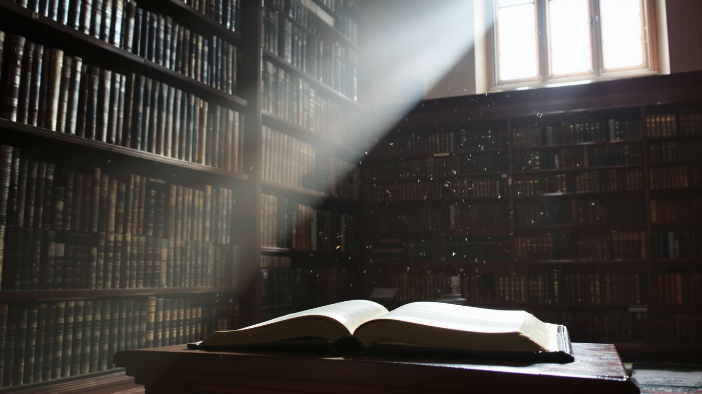 Ancient books in a sunlit library.