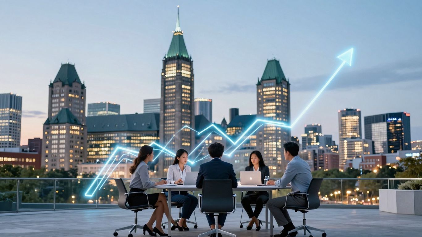 Ottawa skyline and business professionals collaborating.