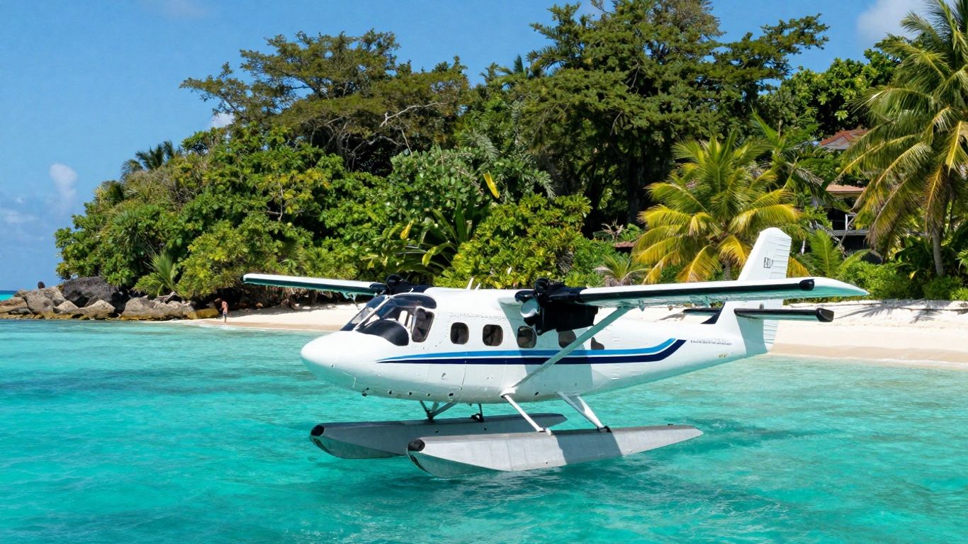Seaplane and helicopter near a tropical island.