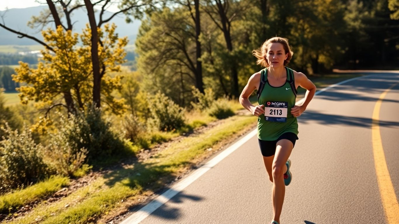 Runner maintaining marathon pace on a road.
