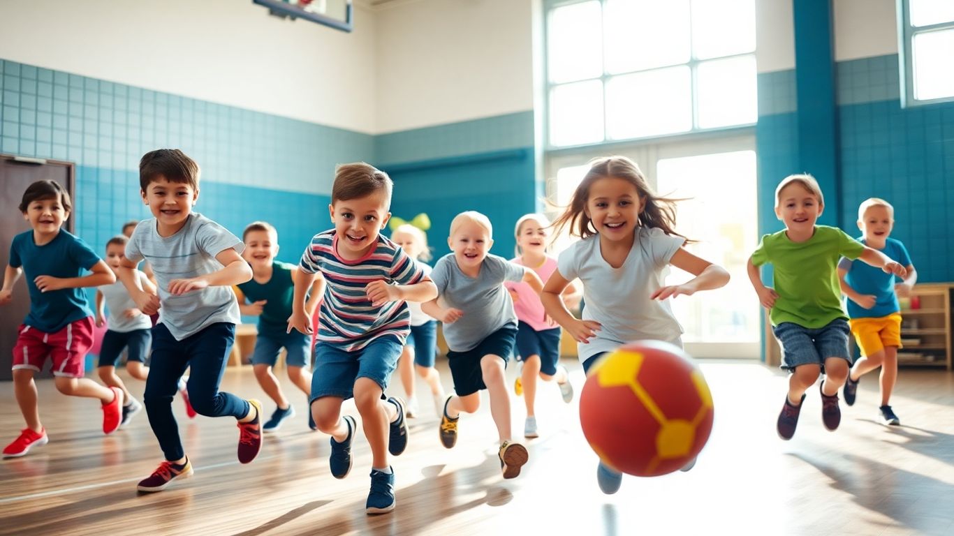 Kinder spielen begeistert Ball im Sportunterricht