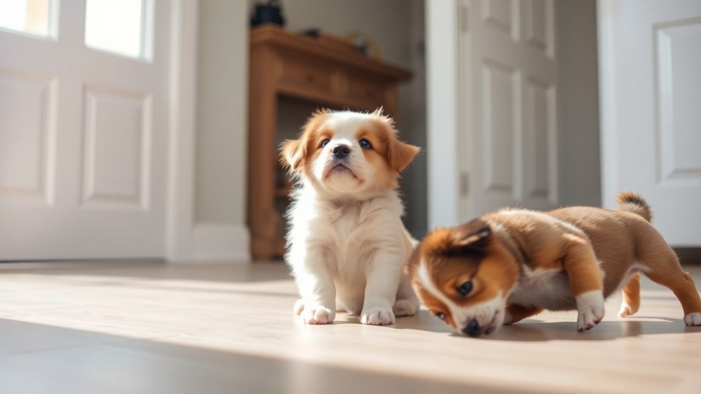 Happy puppy training session with two playful pups.