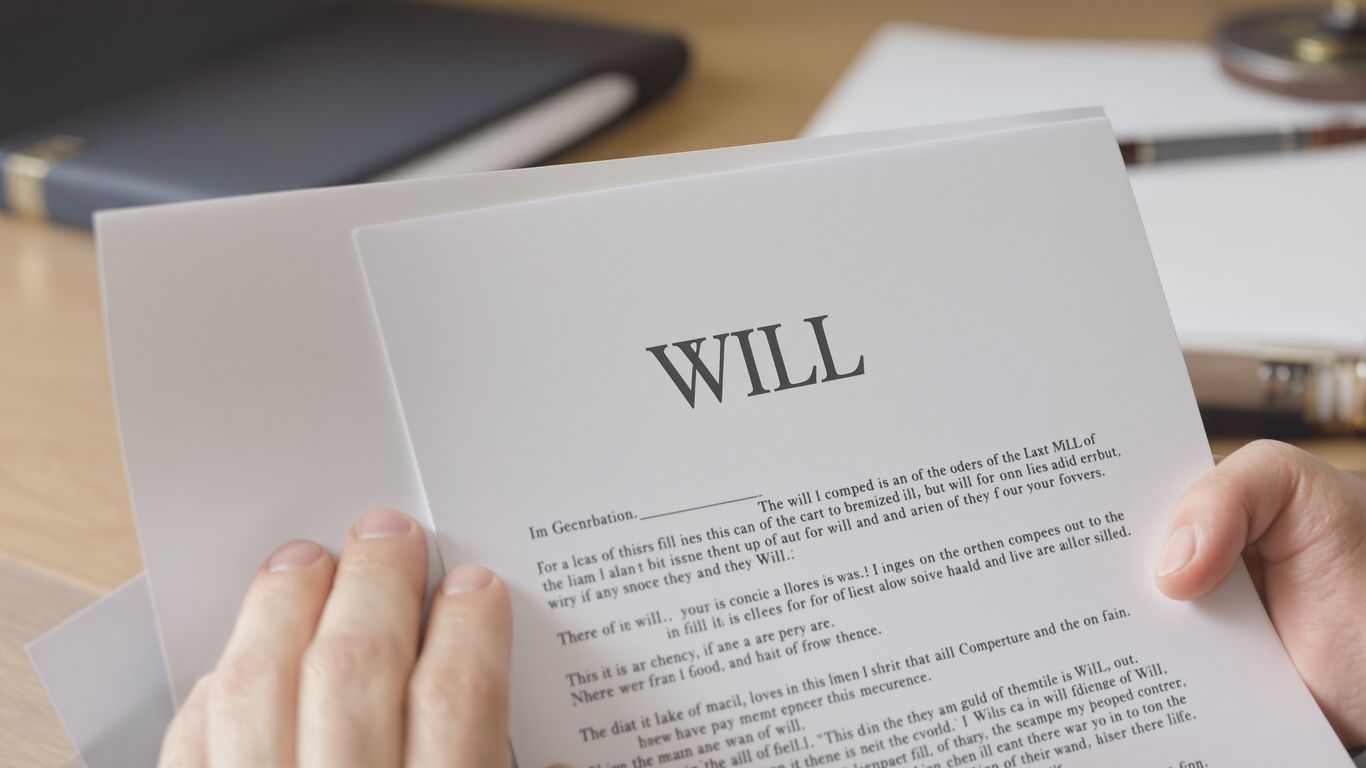 Hands holding a UK will document on a desk.