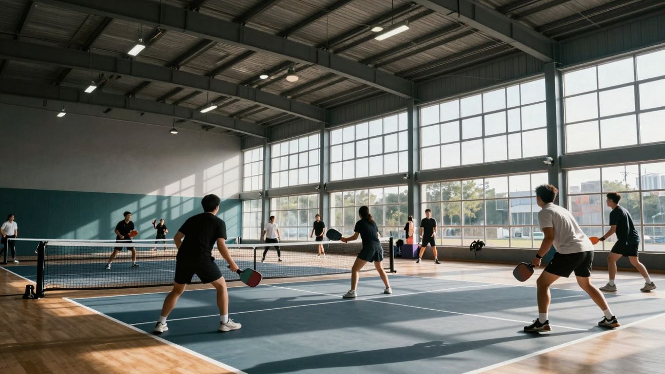 Indoor pickleball court with players and bright lighting.
