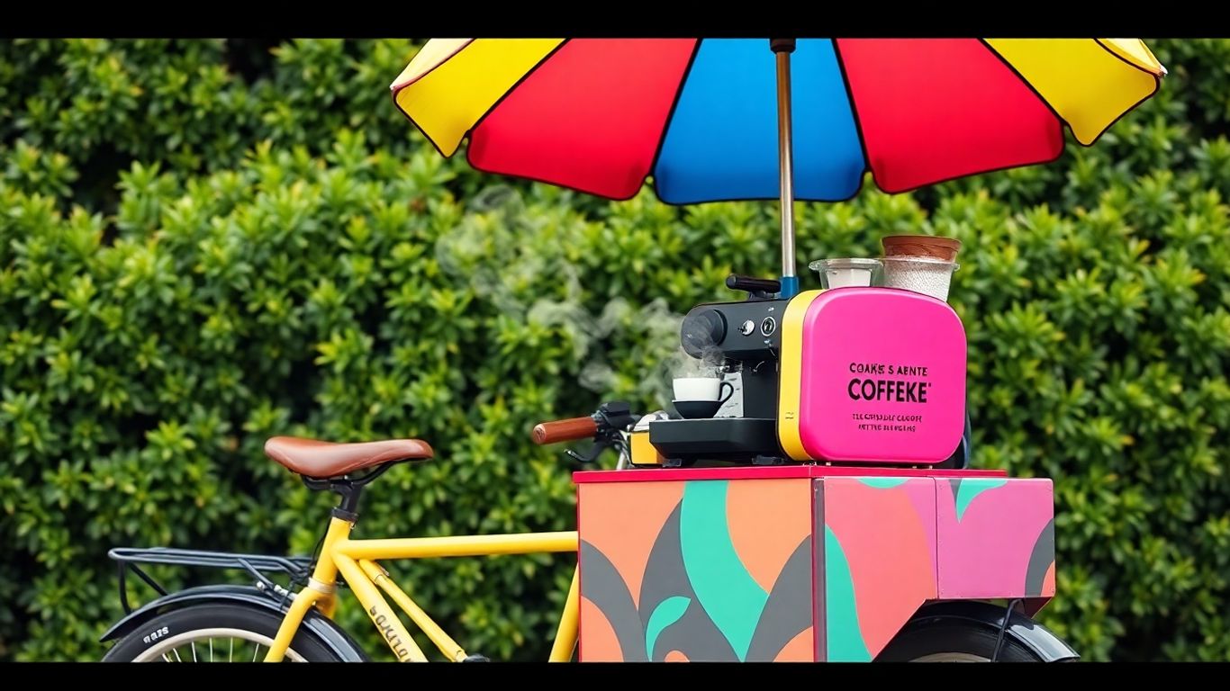 Coffee bike with espresso machine and umbrella outdoors.