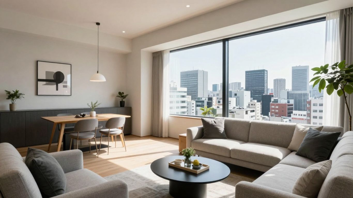 Modern Tokyo serviced apartment interior with city view.