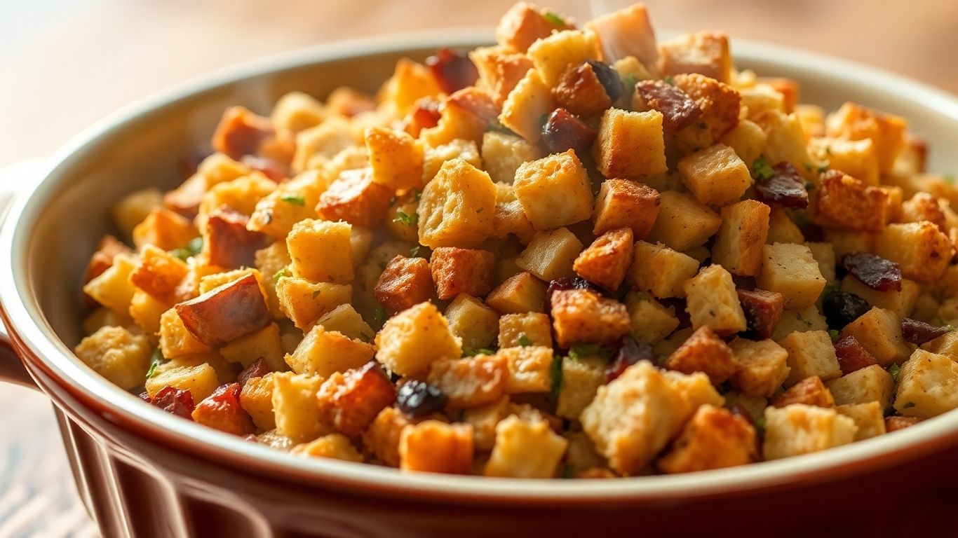 Golden sourdough stuffing in a rustic baking dish.
