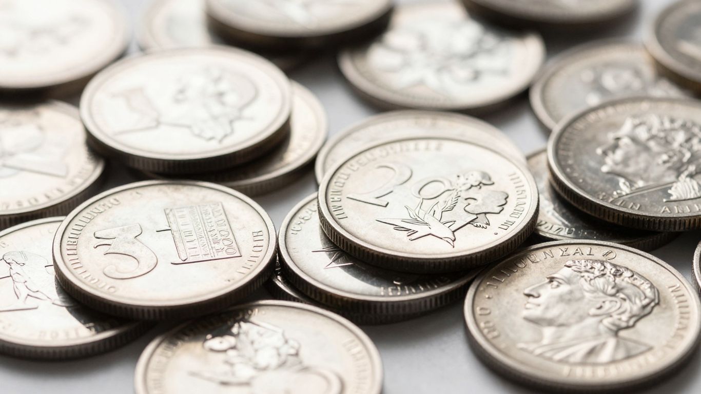 Platinum coins stacked and scattered, gleaming with metallic sheen.