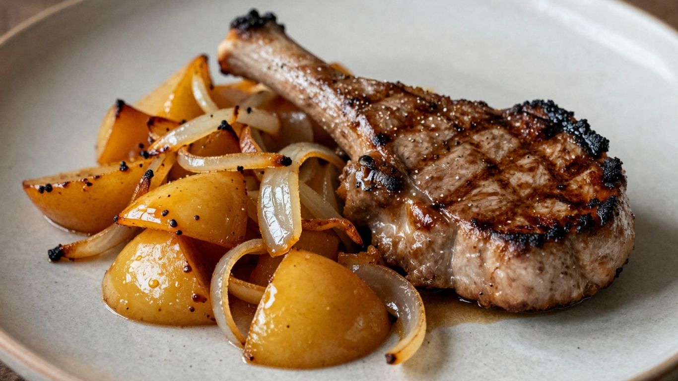 Grilled pork loin chops with caramelized apples and onions.