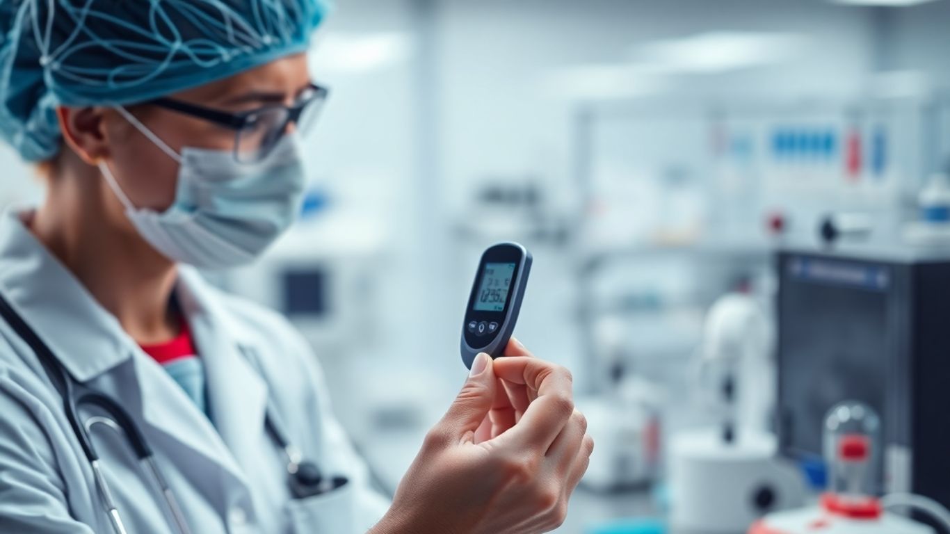 Profissional médico analisando medidor de glicose em laboratório.