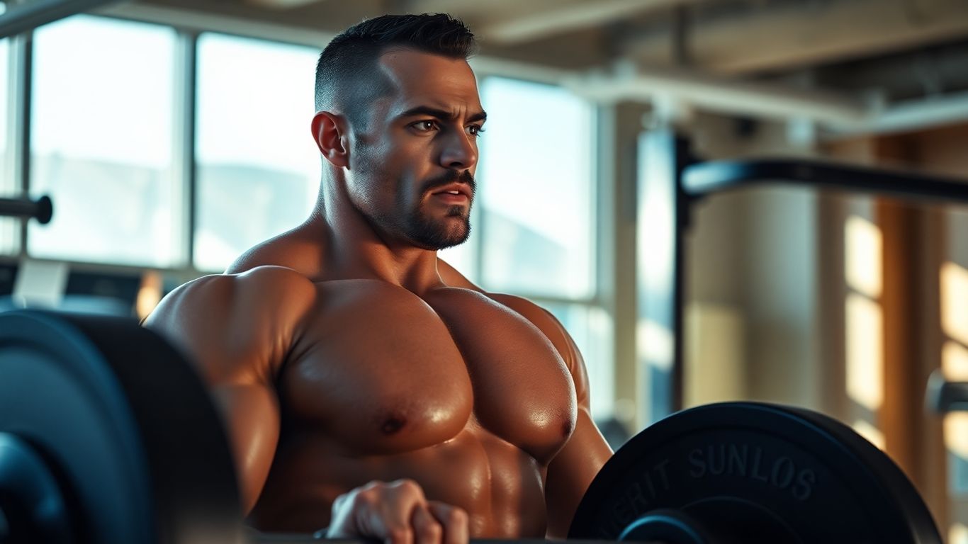 Man lifting weights, building muscle at the gym.