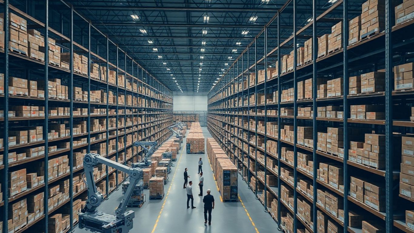 Entrepôt Amazon avec robots et peu d'humains.