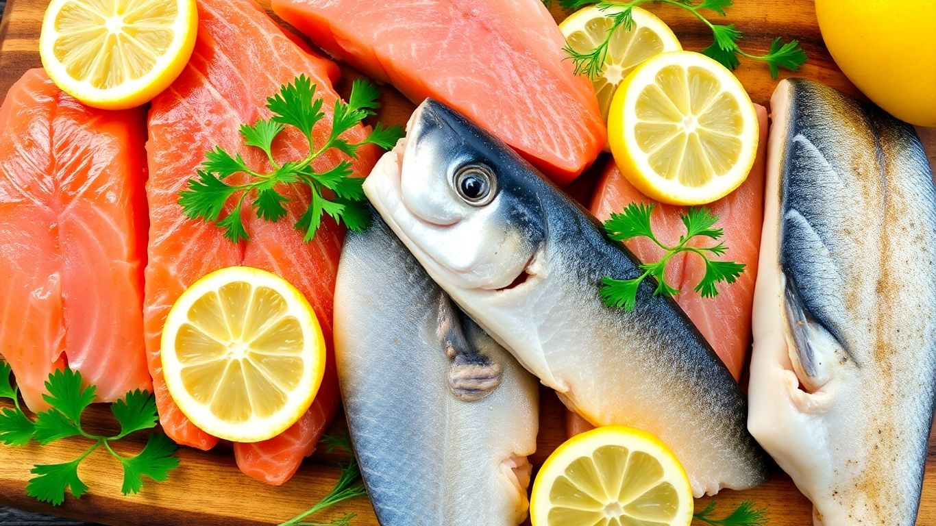 Fresh fish fillets with lemon and herbs on a wooden board.