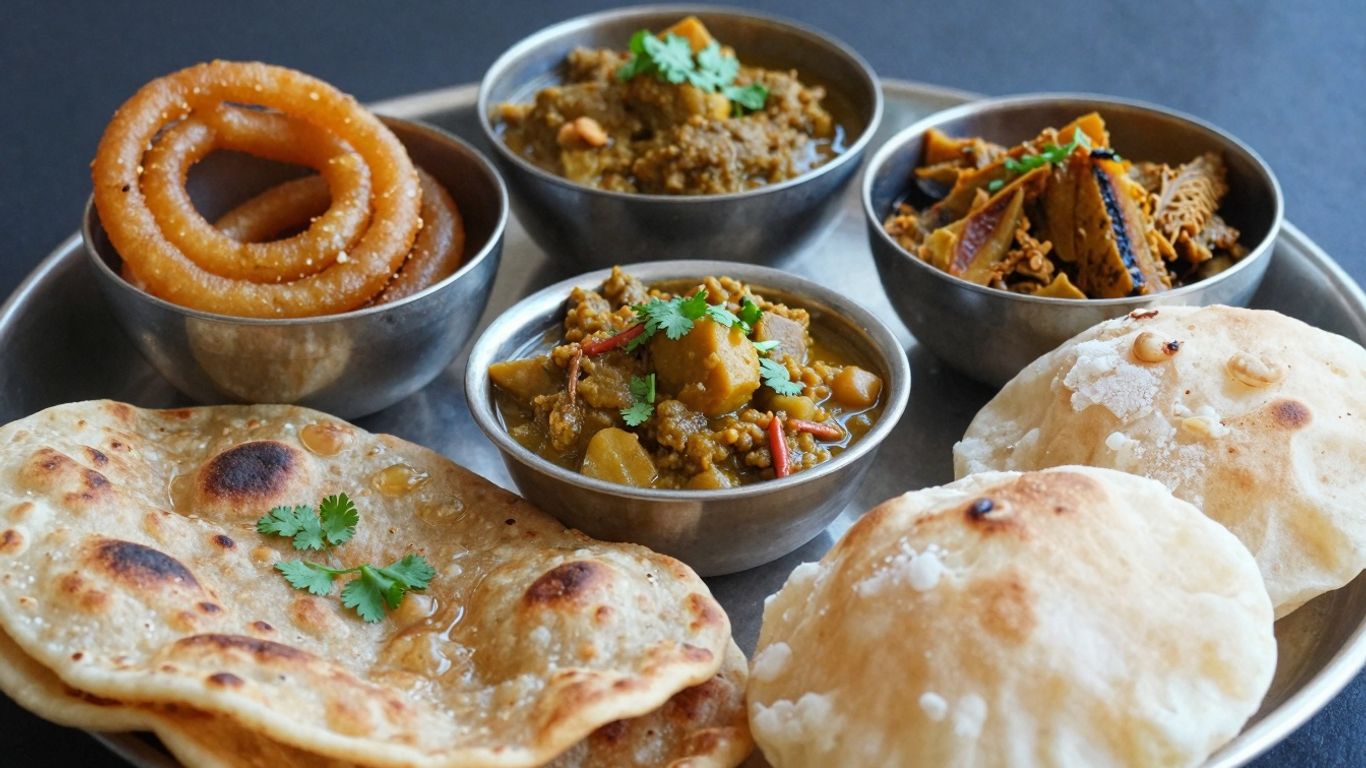 Traditional North Indian breakfast spread with parathas and sabzi.
