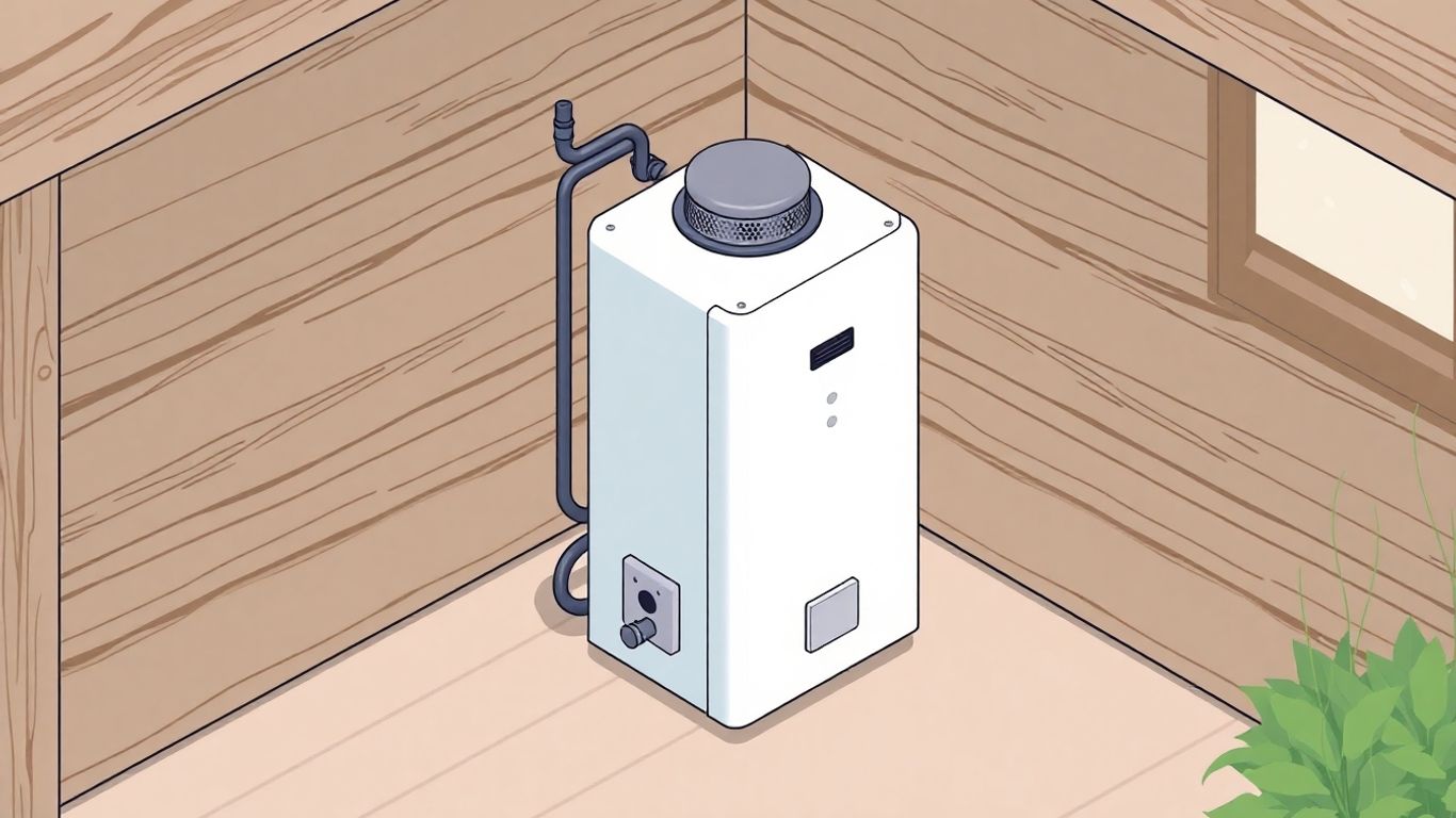 Compact propane water heater in a geometric cabin illustration.